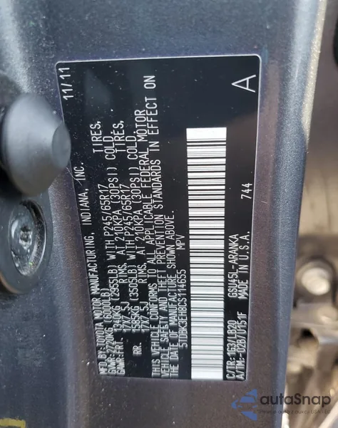 2012 Toyota Highlander Base из США, поврежденный, VIN 5TDBK3EH8CS114655